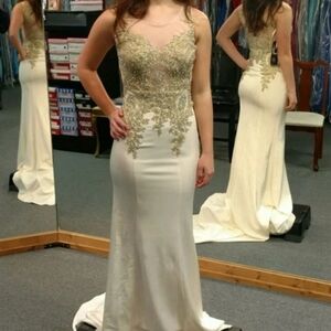Champaign and Gold Embellished Evening Gown